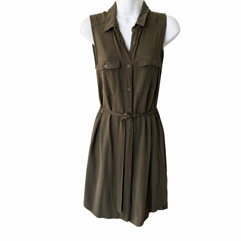 Twik Simons Olive Green Sleeveless Utility Shirt Dress XS Button Front Belted